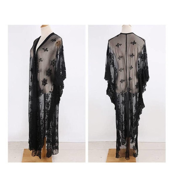Boho Gypsy Beach Goddess Swim Cover Up Black Maxi Dress Duster Tie Front - Picture 6 of 13